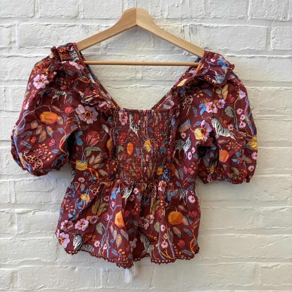 Anthropologie || Maeve Ruffled Tie-Front Blouse Zebras Floral Small‎ - Picture 5 of 8